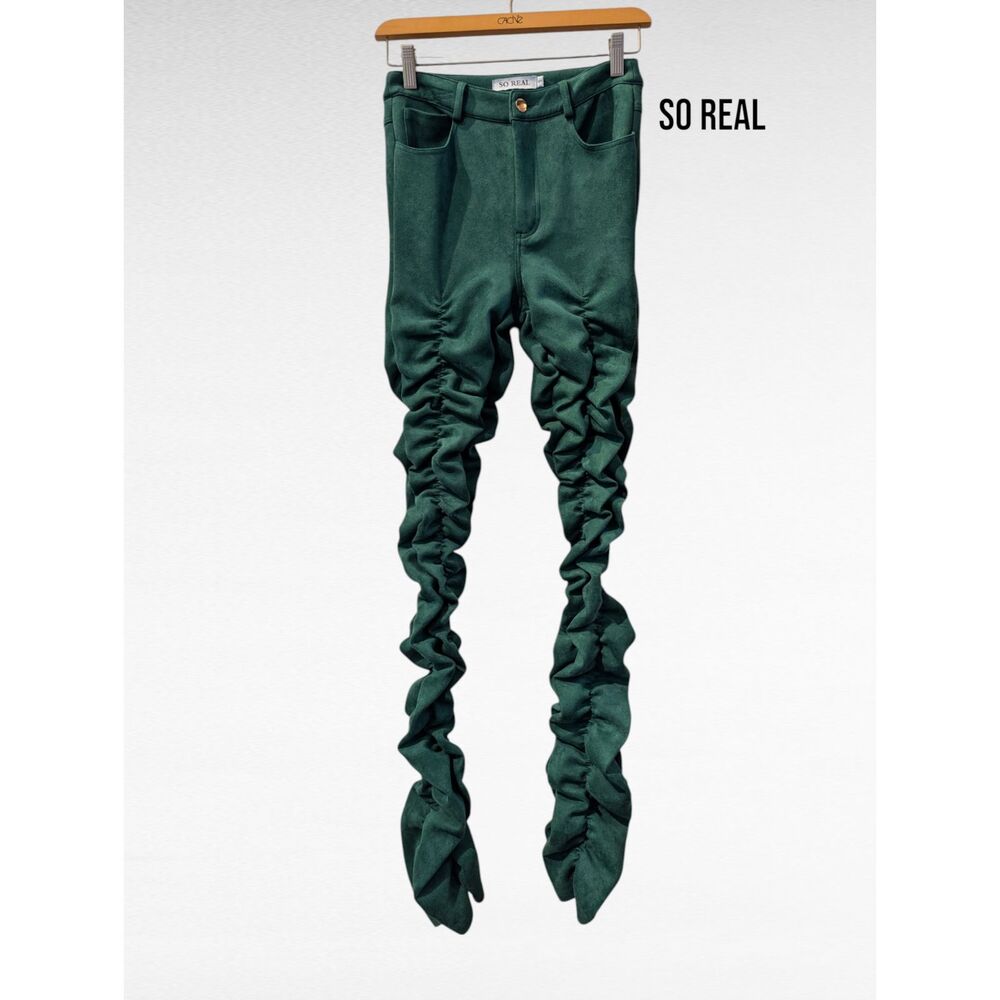 SO REAL- green ruched ruffled faux suede pants  Sz S